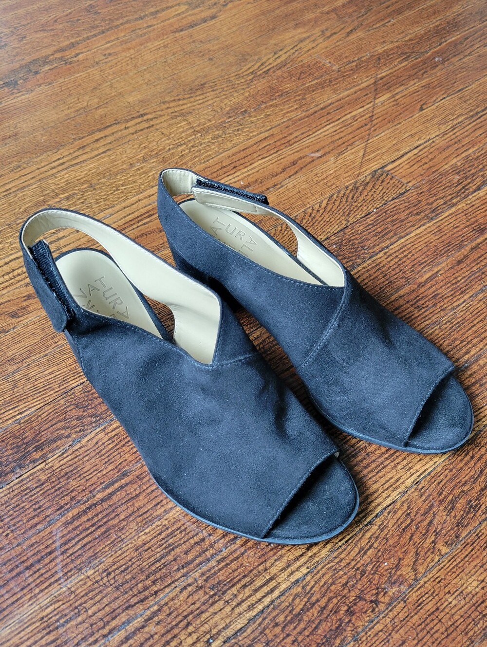 Naturalizer Shoes Womens Size 7.5M Black Faux Suede Slingback Peep Toe Heels